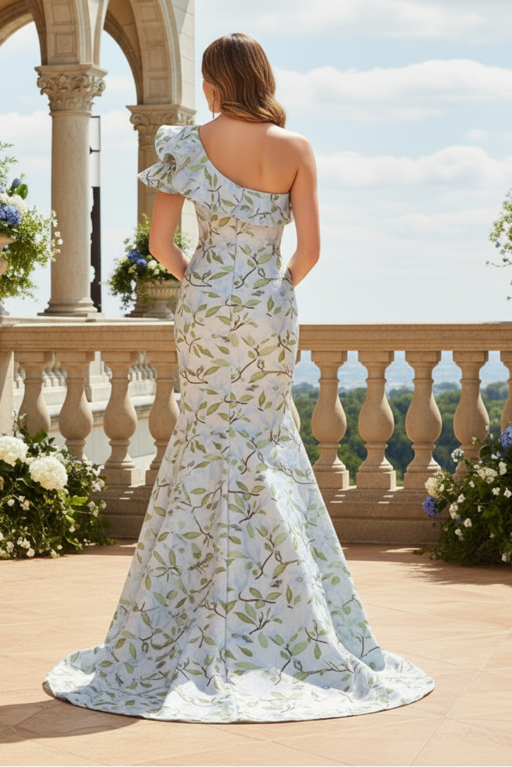 One-Shoulder Ruffle Floral Jacquard Mermaid Gown