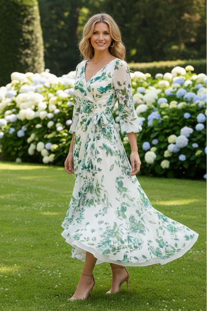 Floral High-Low V-Neck Chiffon Dress