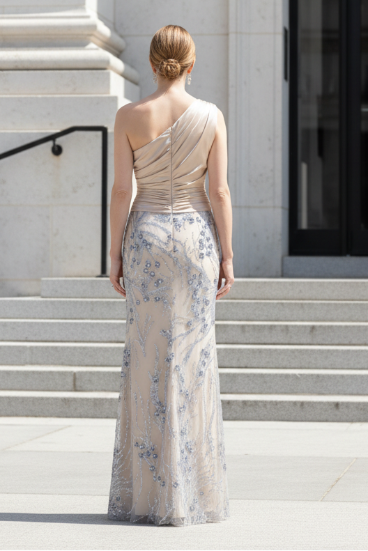 One-Shoulder Ruched Sequin Evening Gown