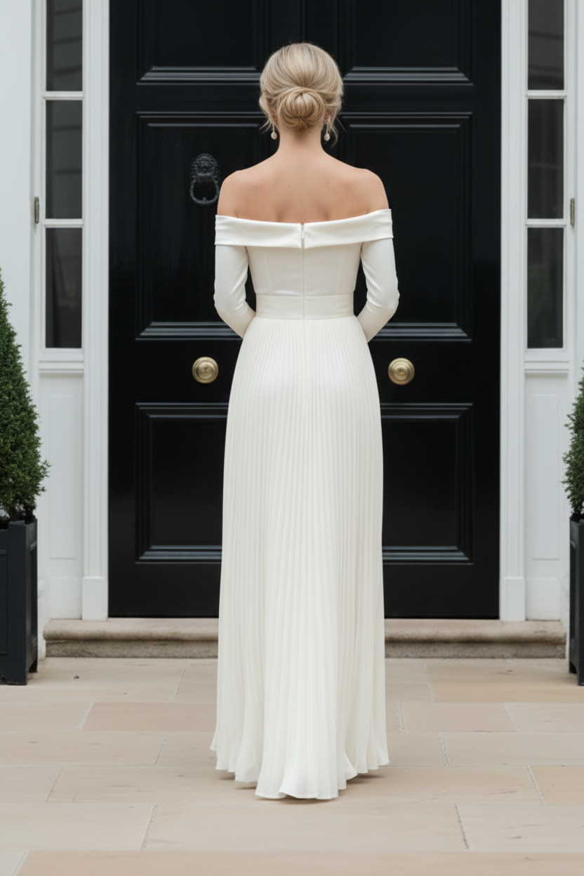 Off-the-Shoulder Long Sleeve Pleated Gown