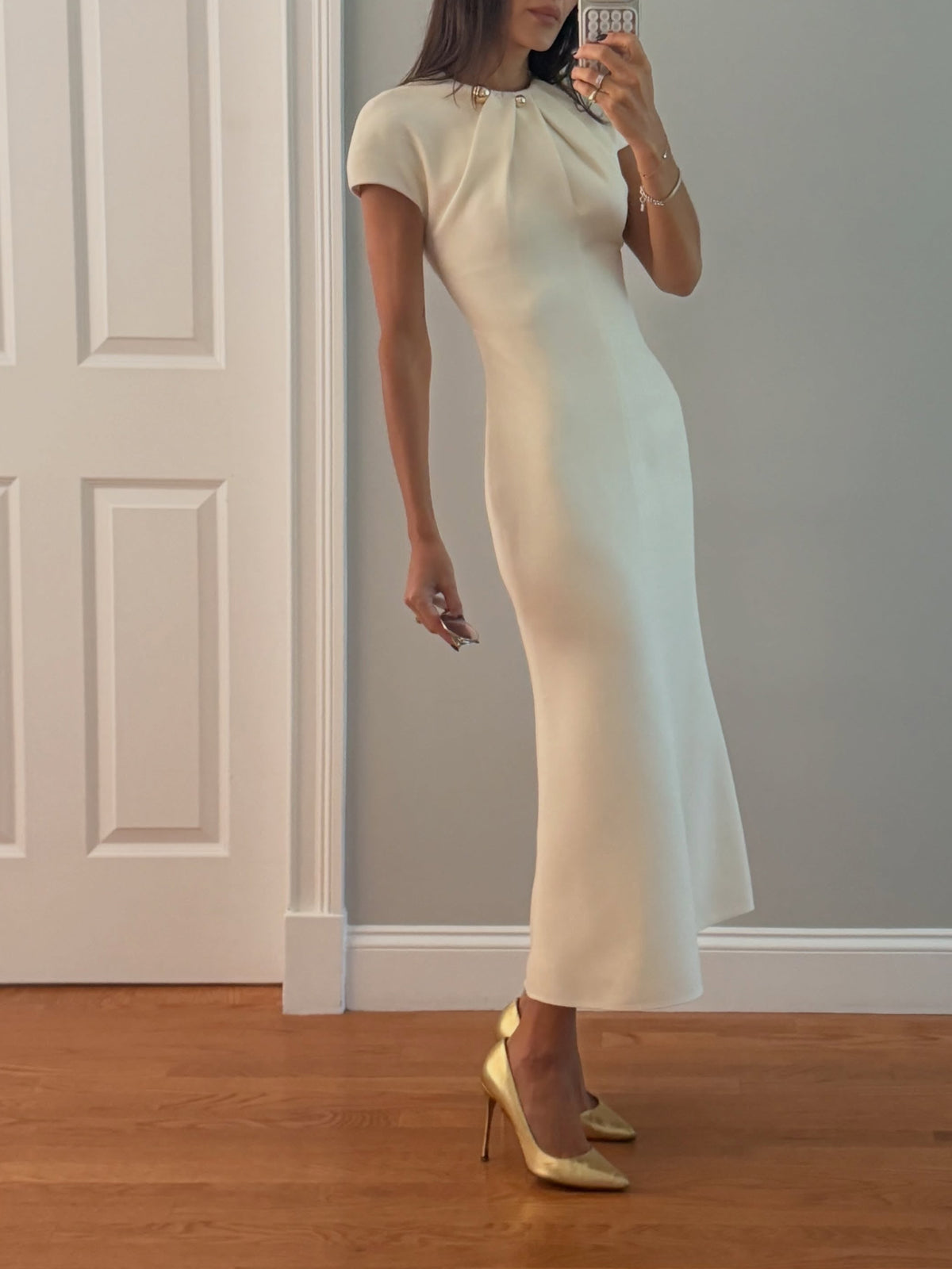 Pleated High Neck Maxi Dress with Cap Sleeves