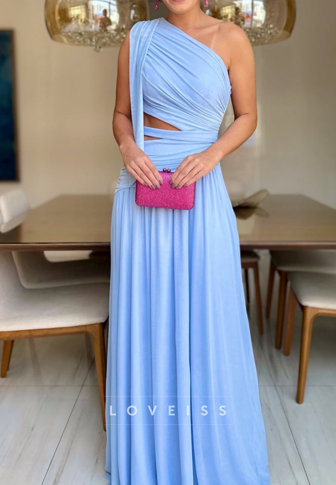 One-Shoulder Pleated Maxi Dress with Waist Cut-Outs