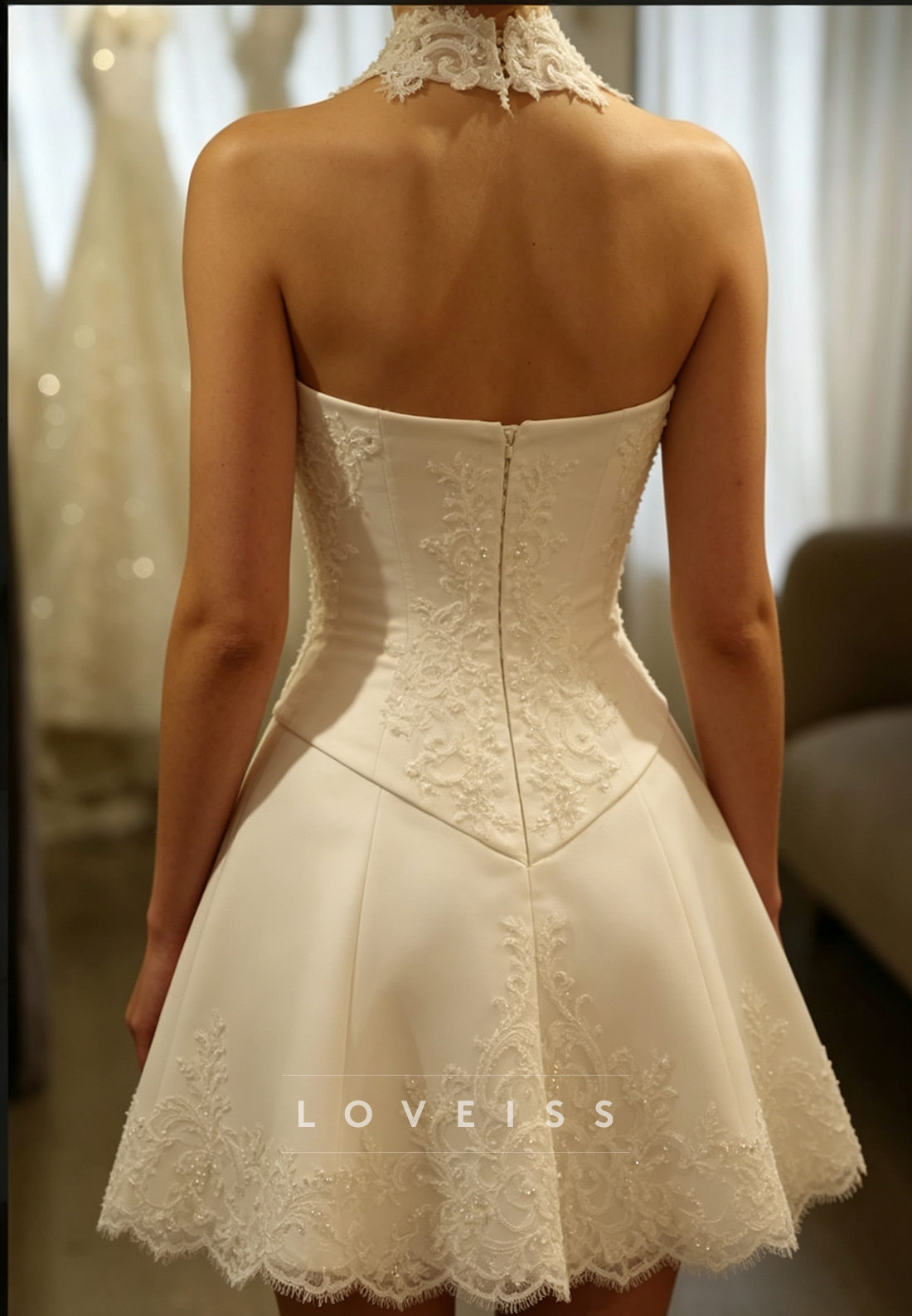 Strapless Lace Applique Satin Mini Wedding Dress
