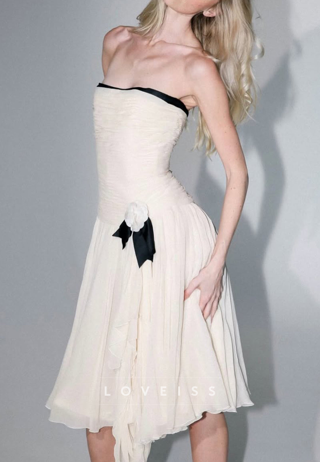 Strapless Ruched Drop Waist Dress with Floral Accent