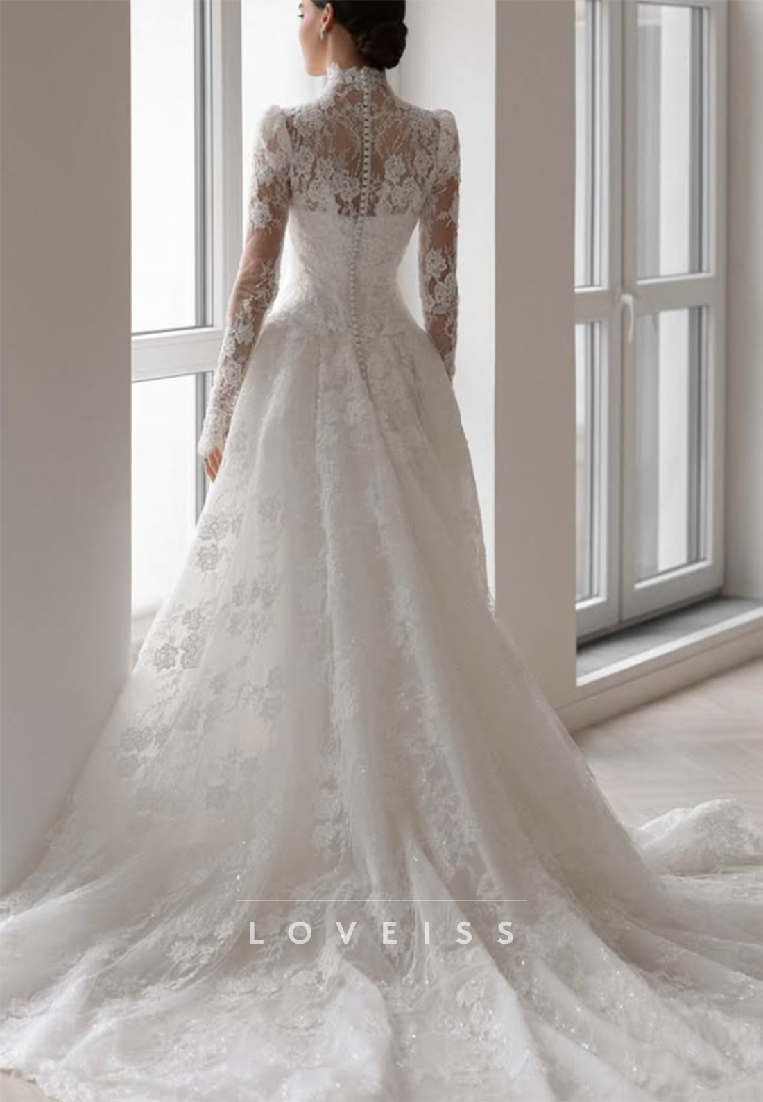 High-Neck Lace Wedding Dress with Long Sleeves
