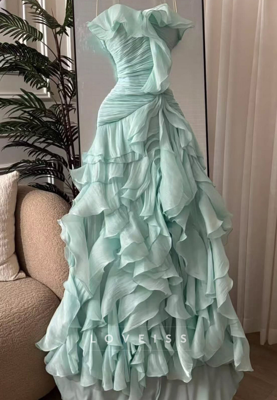 Strapless Ruched Tiered Ruffle Formal Gown