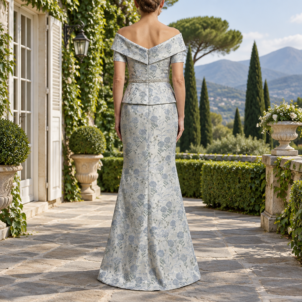 Off-the-Shoulder Floral Jacquard Peplum Gown