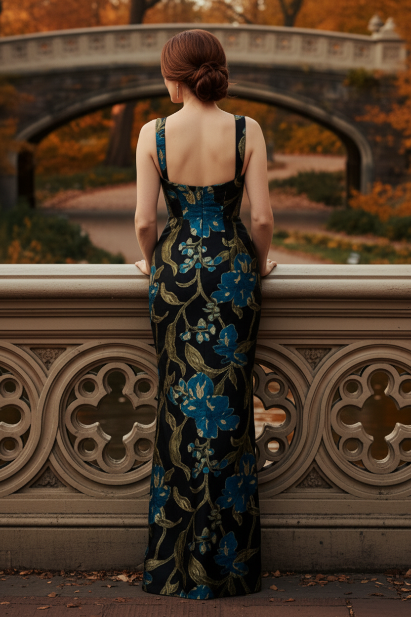 Square Neck Floral Jacquard Column Gown