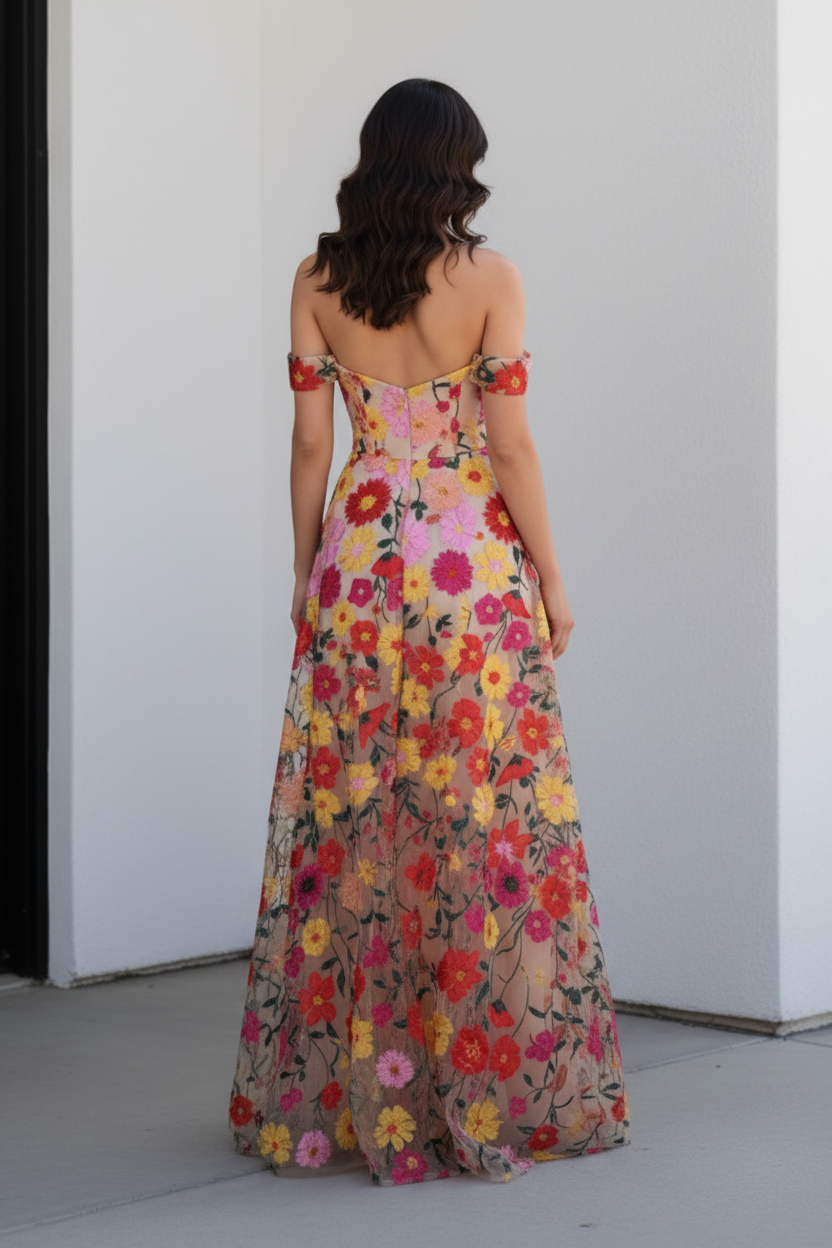 Off-the-Shoulder Embroidered Floral A-Line Maxi Dress