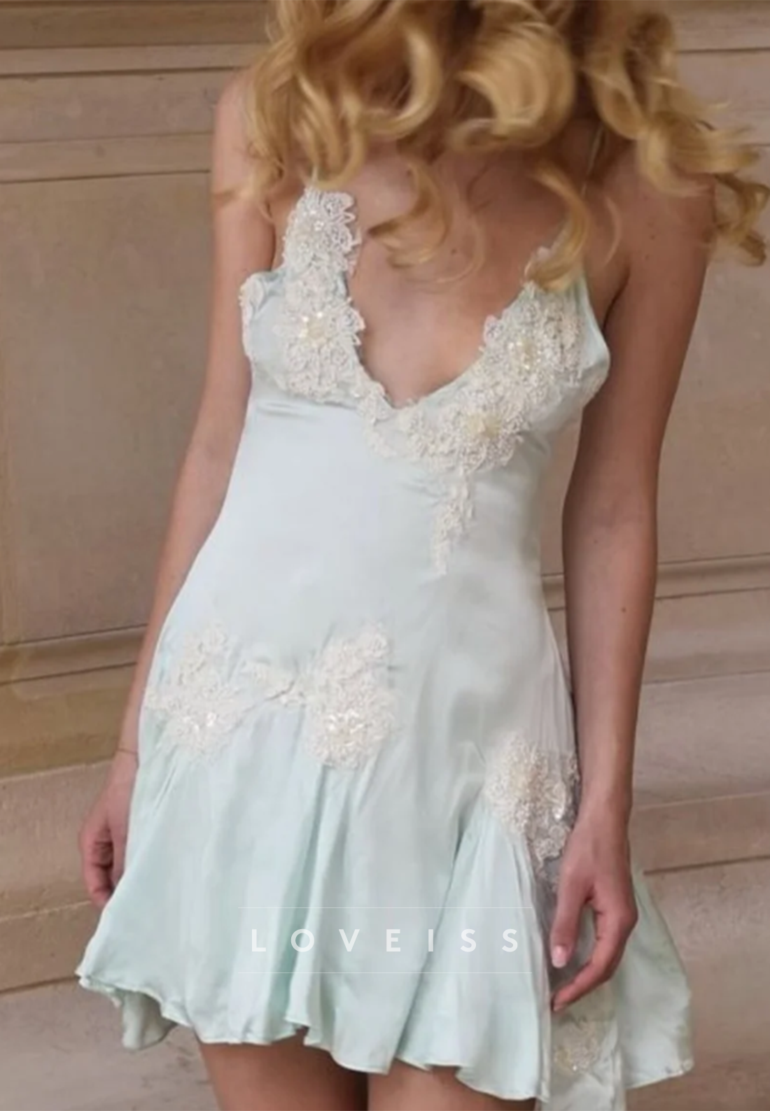 Embellished Lace Applique Satin Mini Slip Dress
