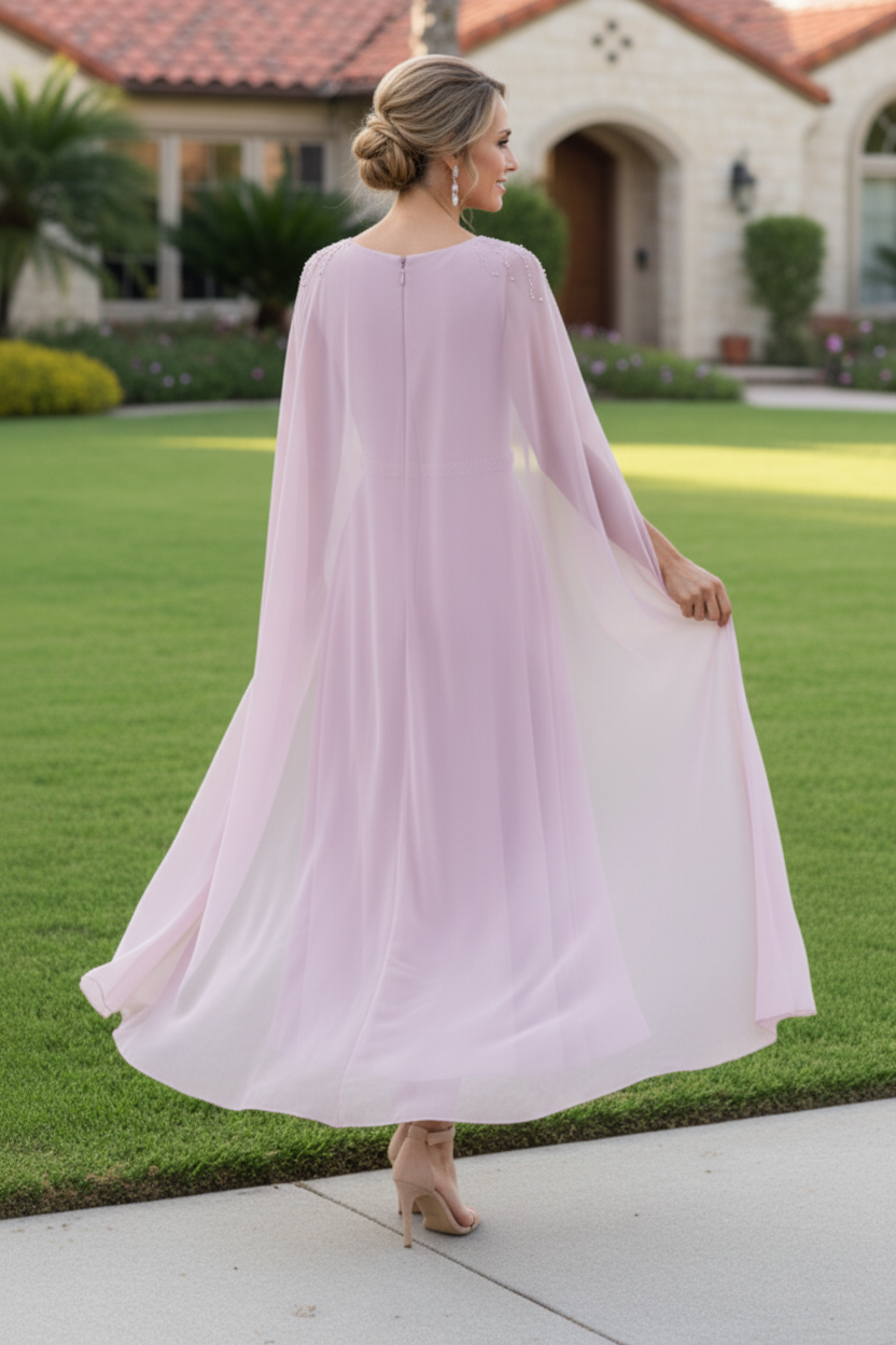Beaded Cape Sleeve Chiffon Tea-Length A-Line Dress
