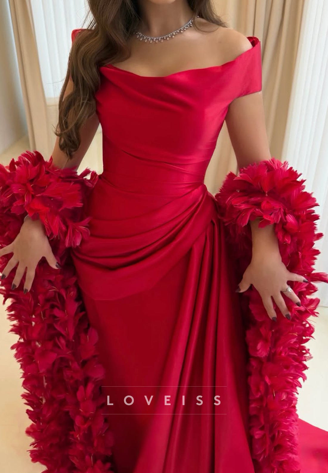 Off-the-Shoulder Draped Gown with Feather Boa