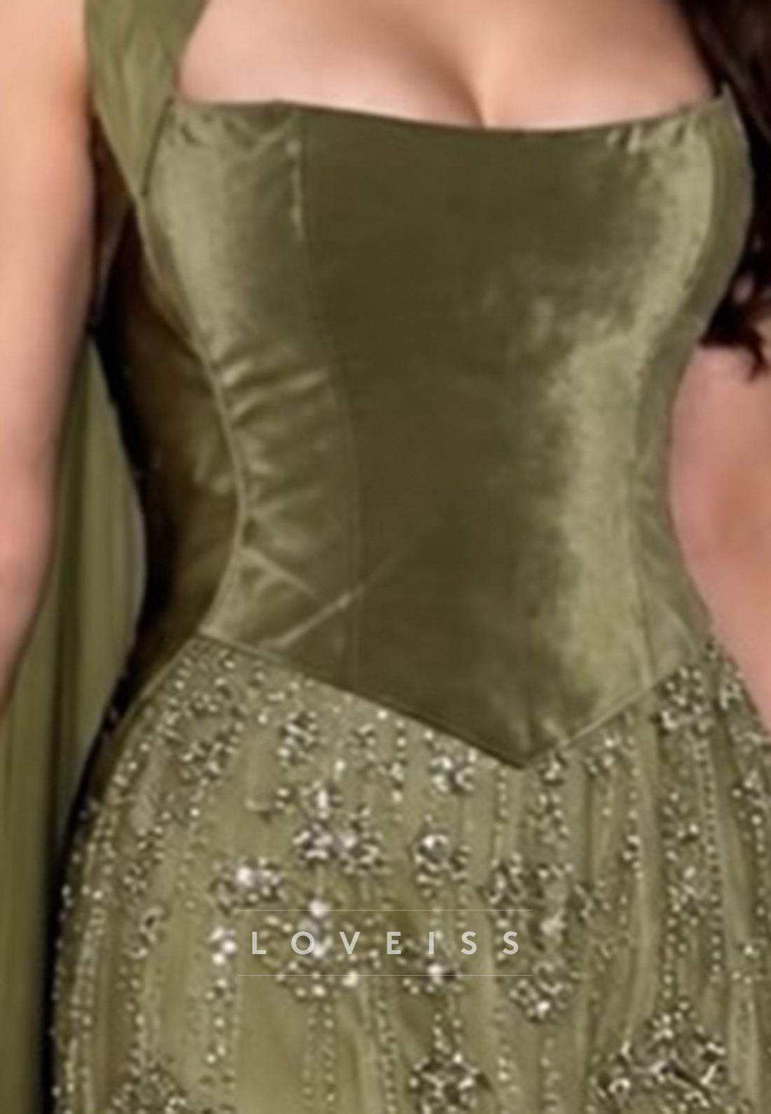 Corset Bodice Embellished Evening Gown with Cape