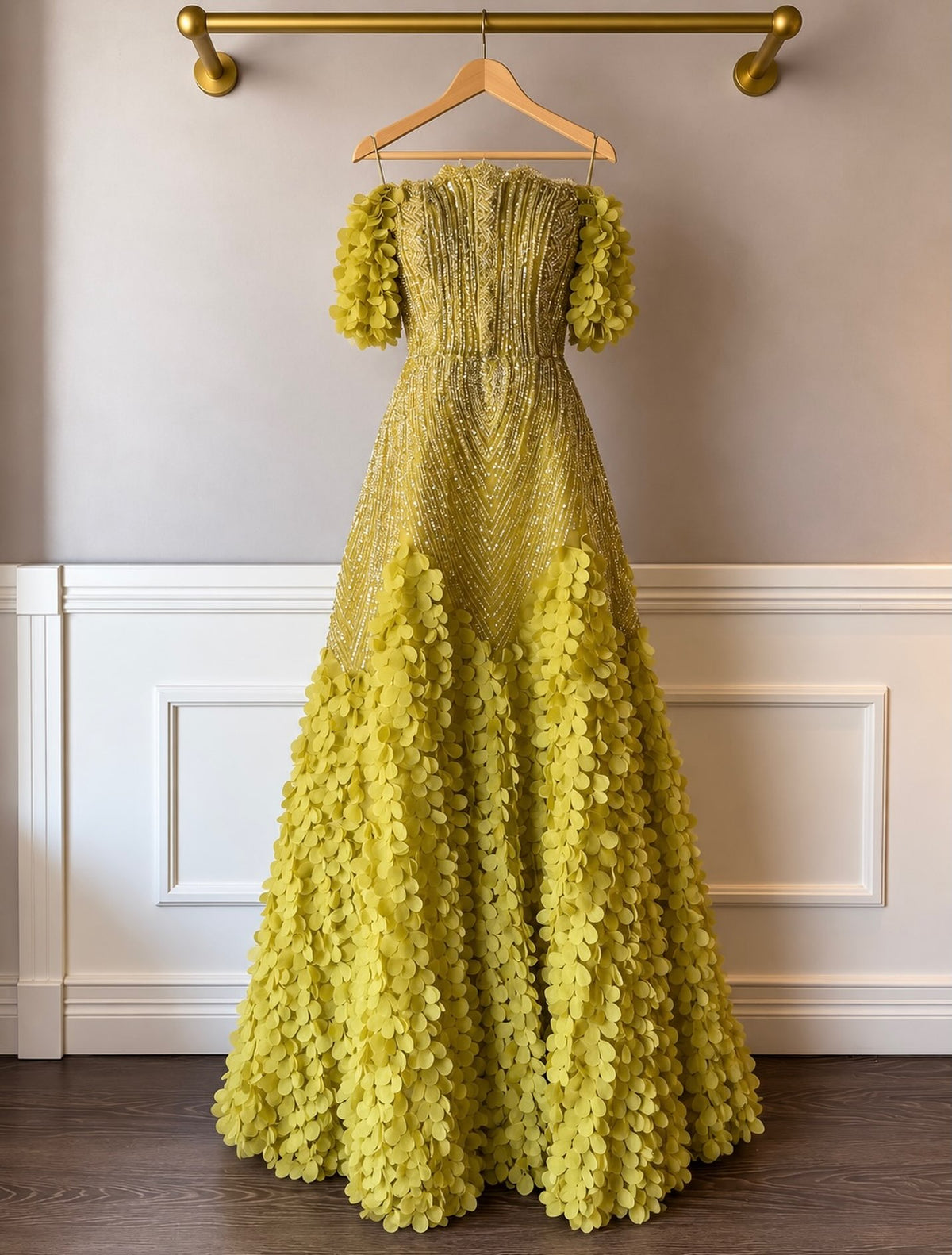 Beaded Petal A-Line Gown with Flutter Sleeves