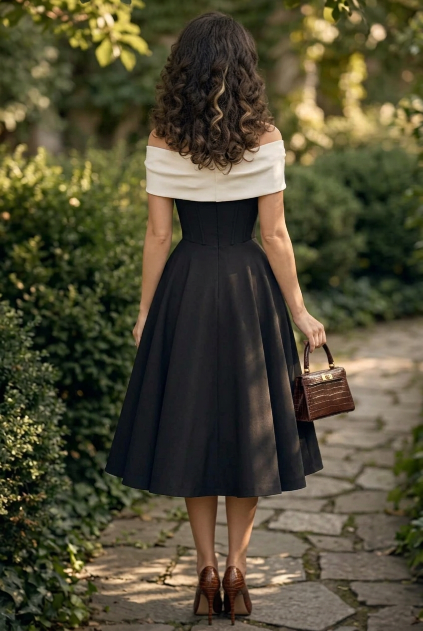 Off-the-Shoulder Rosette Corset Midi Dress