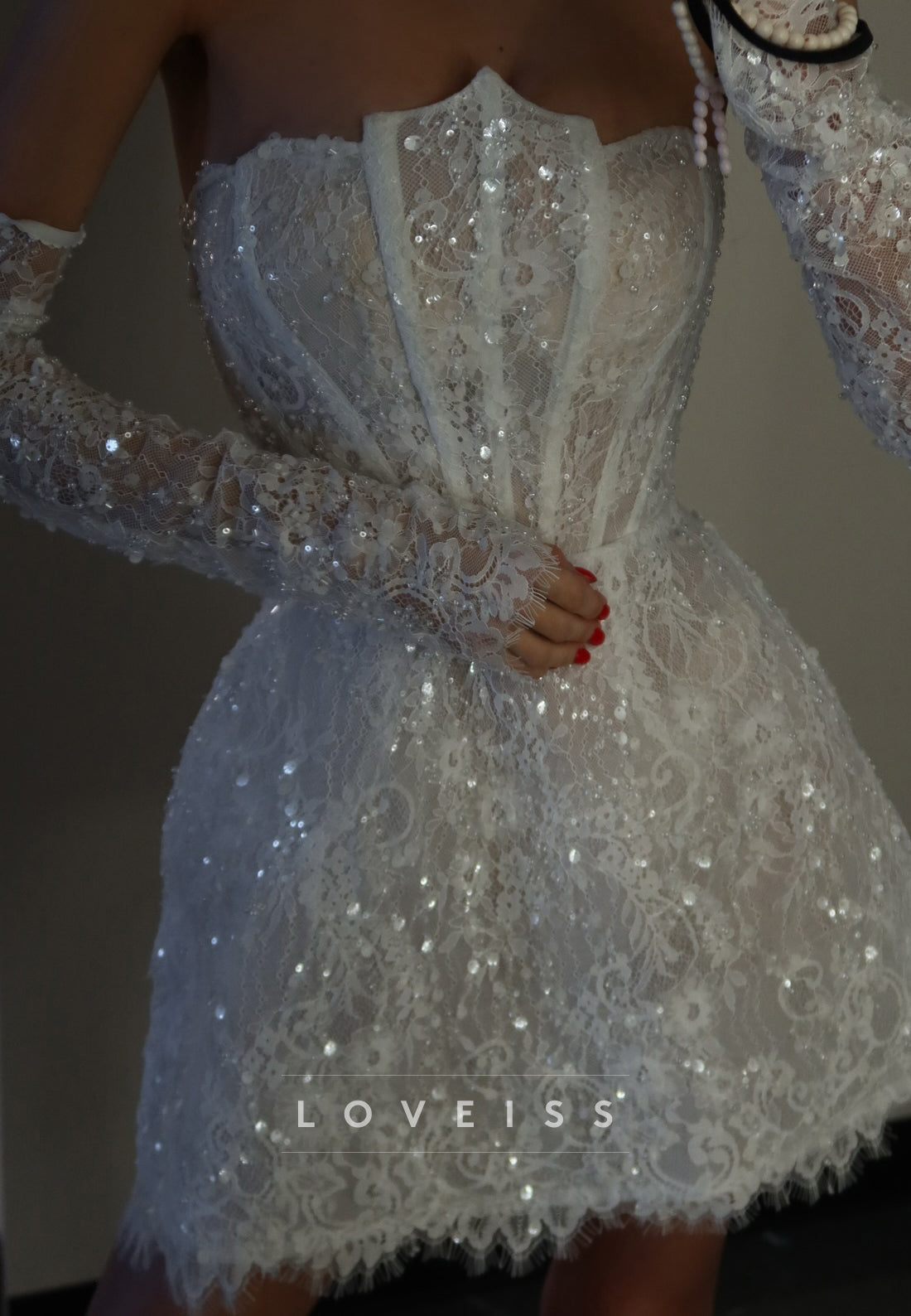 Off Shoulder Sequin Lace Corset Mini Dress