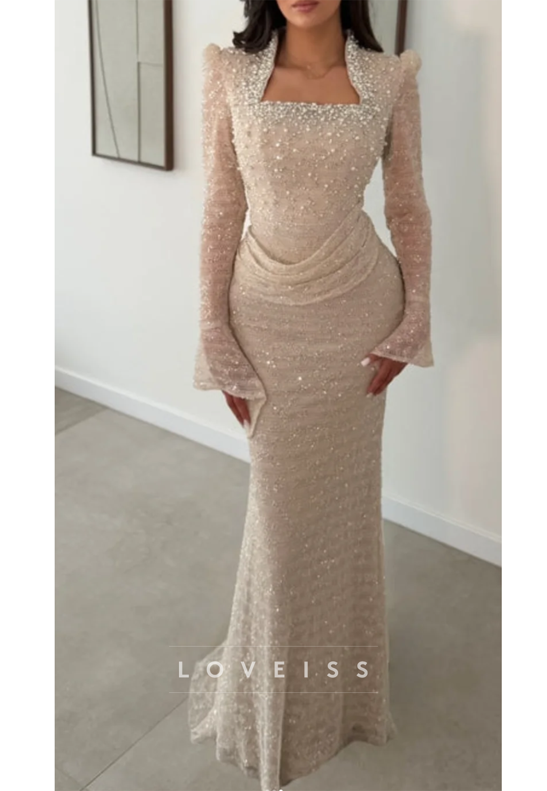 Long Sleeve Pearl Beaded Mermaid Evening Gown