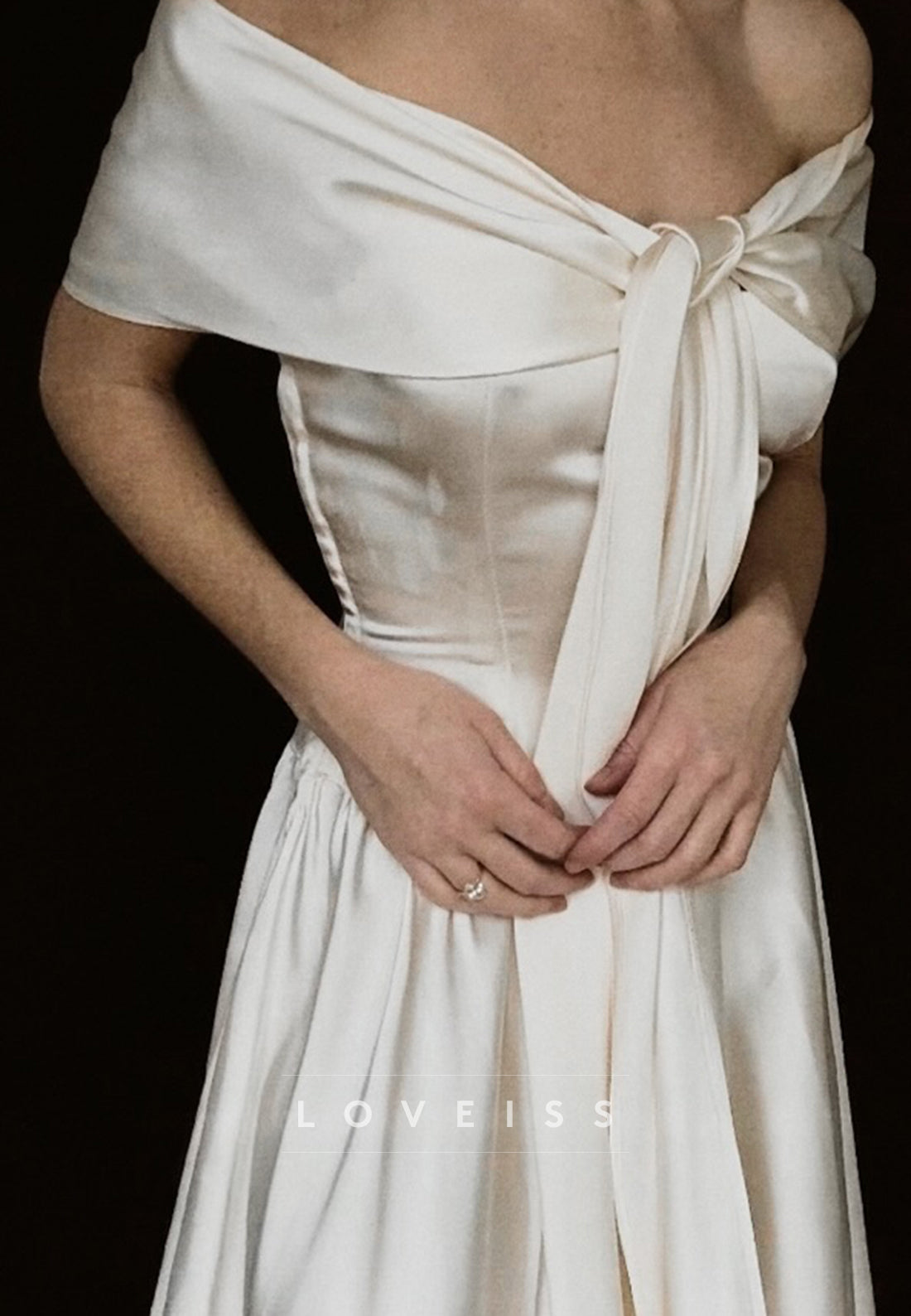 Off-the-Shoulder Convertible Satin Midi Wedding Dress