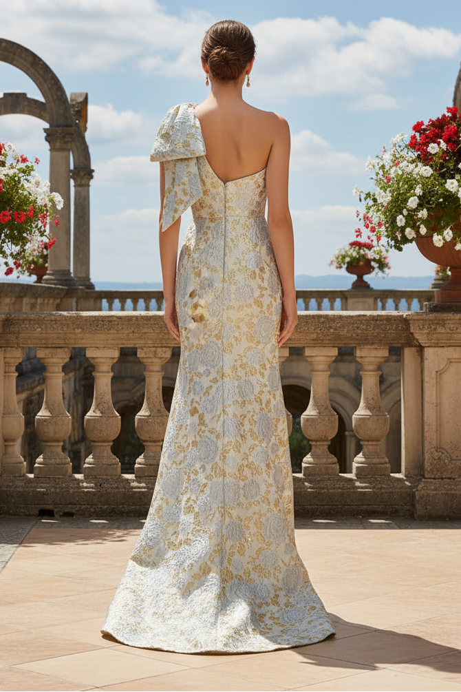 One-Shoulder Metallic Jacquard Mermaid Gown