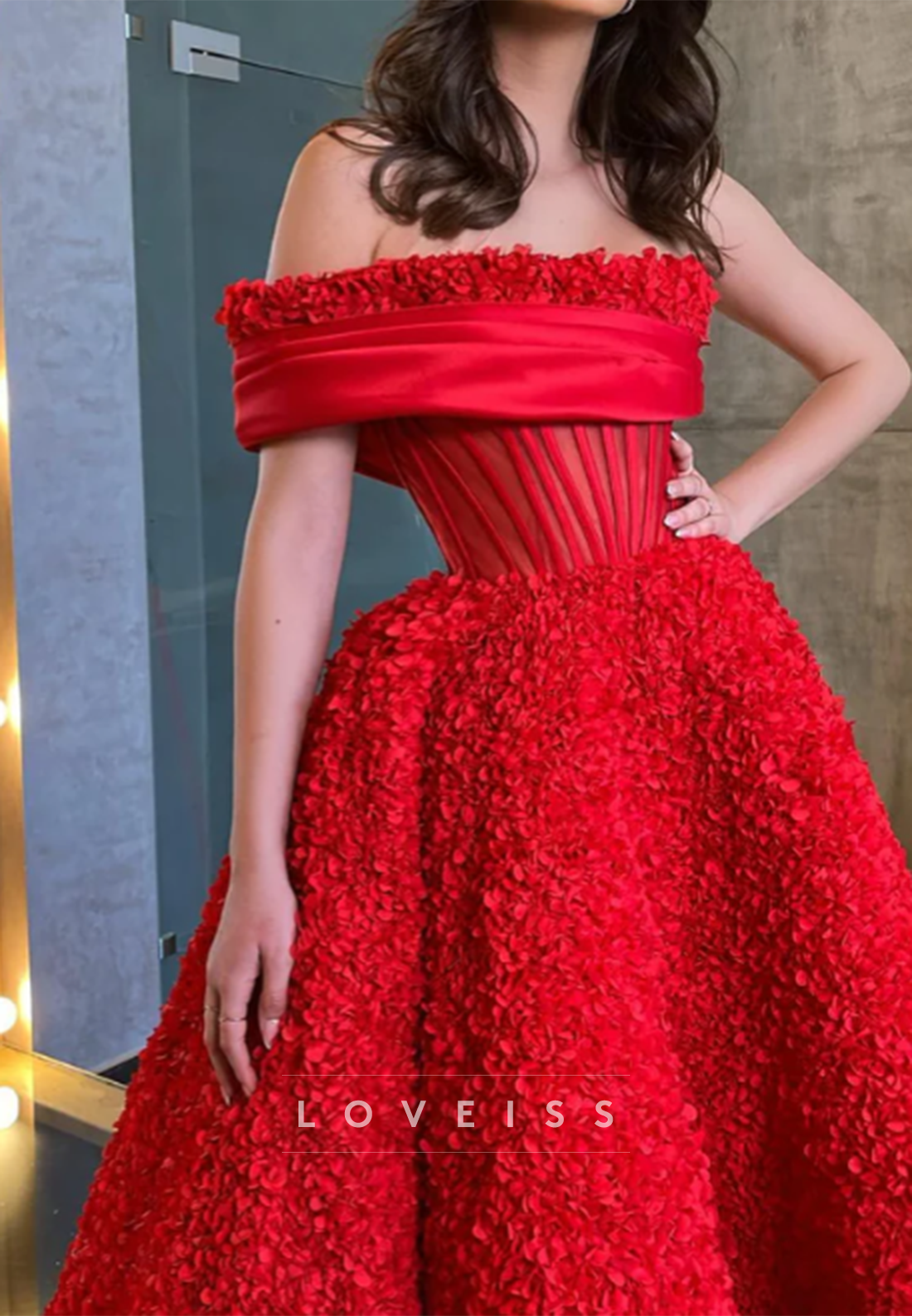 Corset Off-the-Shoulder 3D Floral A-Line Dress