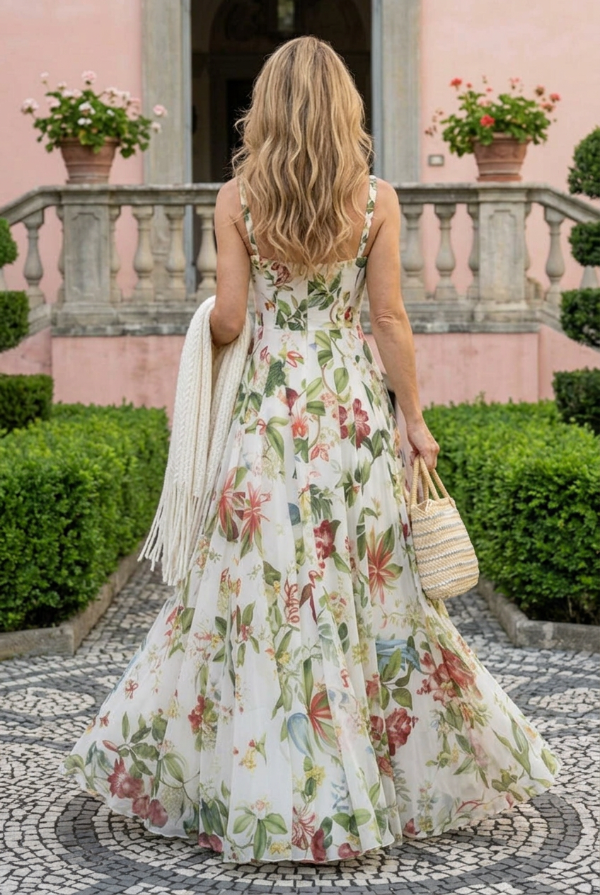 Floral Print Corset Maxi Dress with Straps