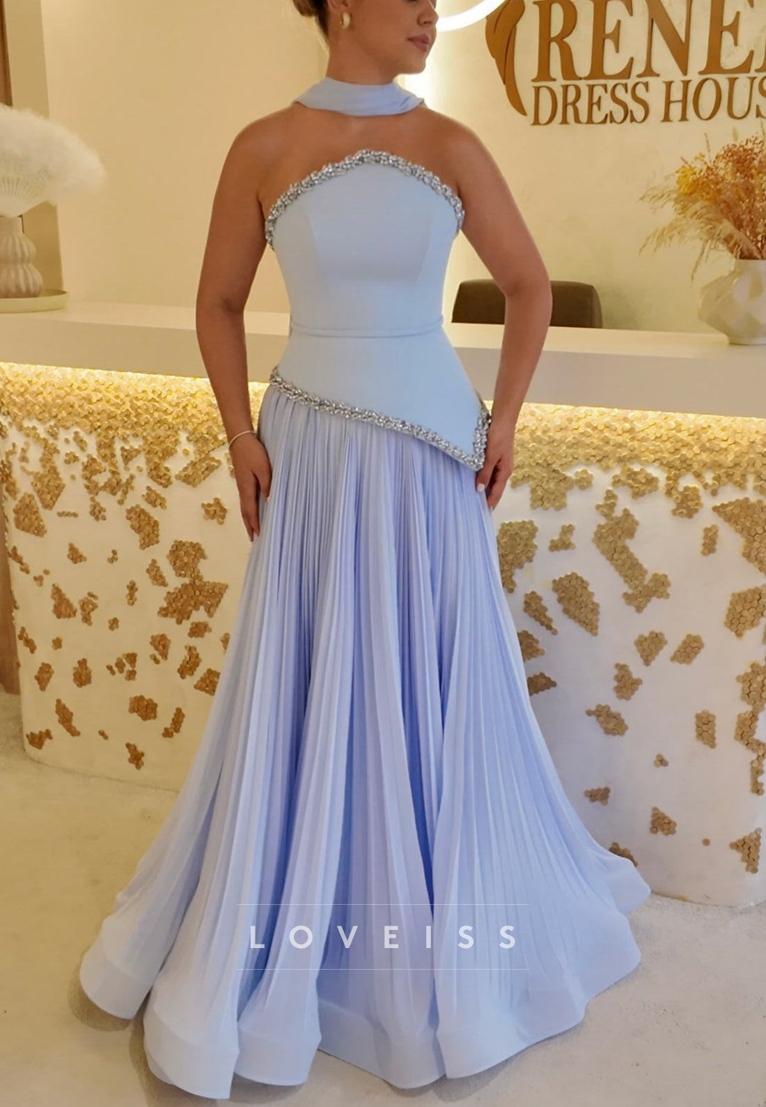 Strapless Pleated Chiffon A-Line Evening Gown