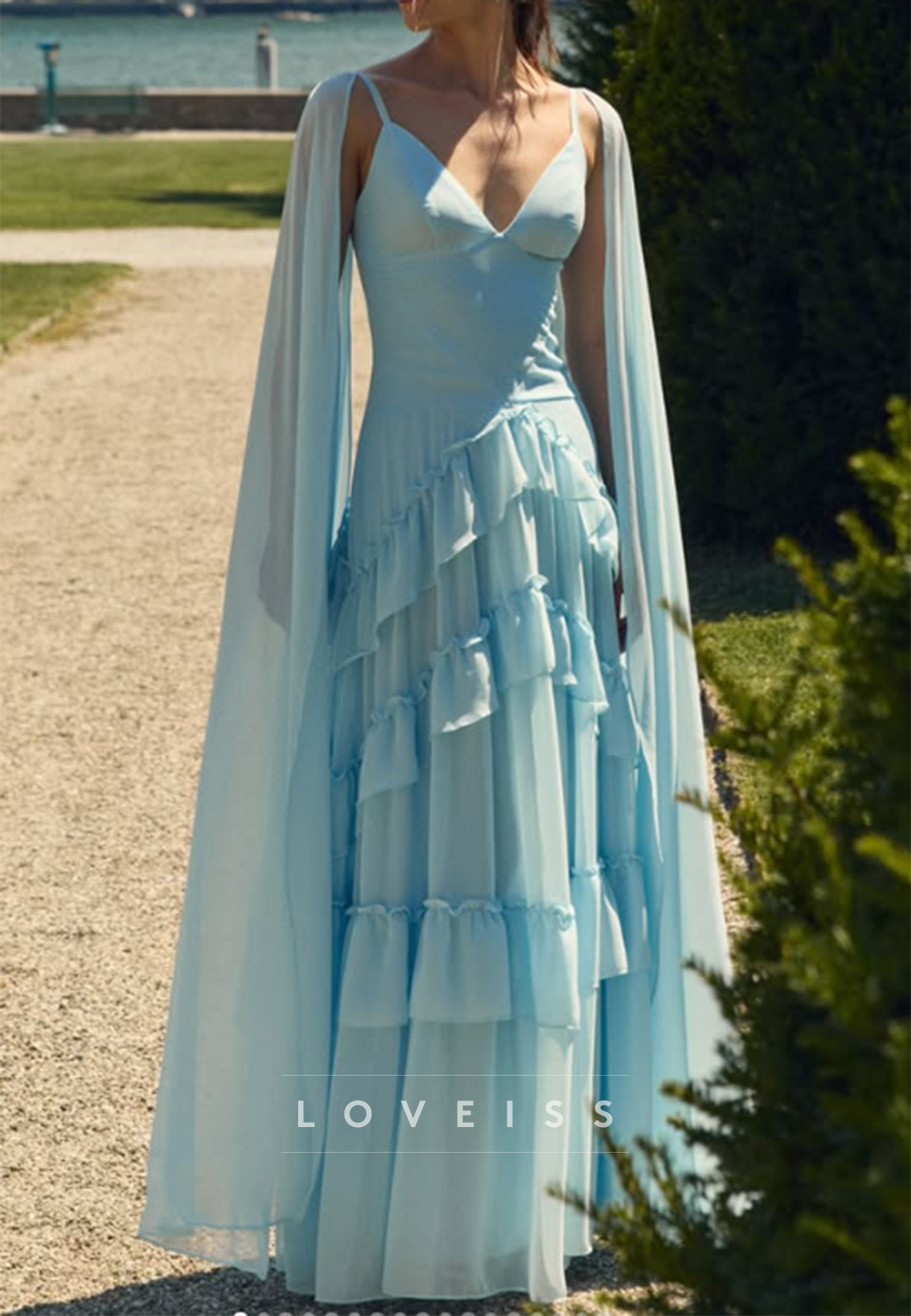 Tiered Ruffle Maxi Dress with Chiffon Cape Sleeves