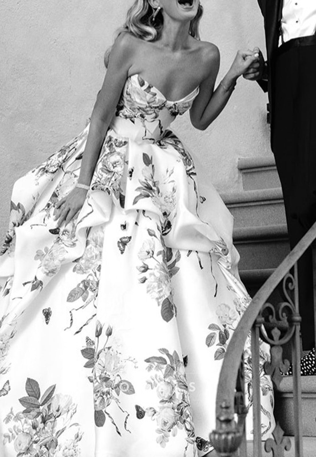 Floral Strapless Ball Gown with Peplum Drape