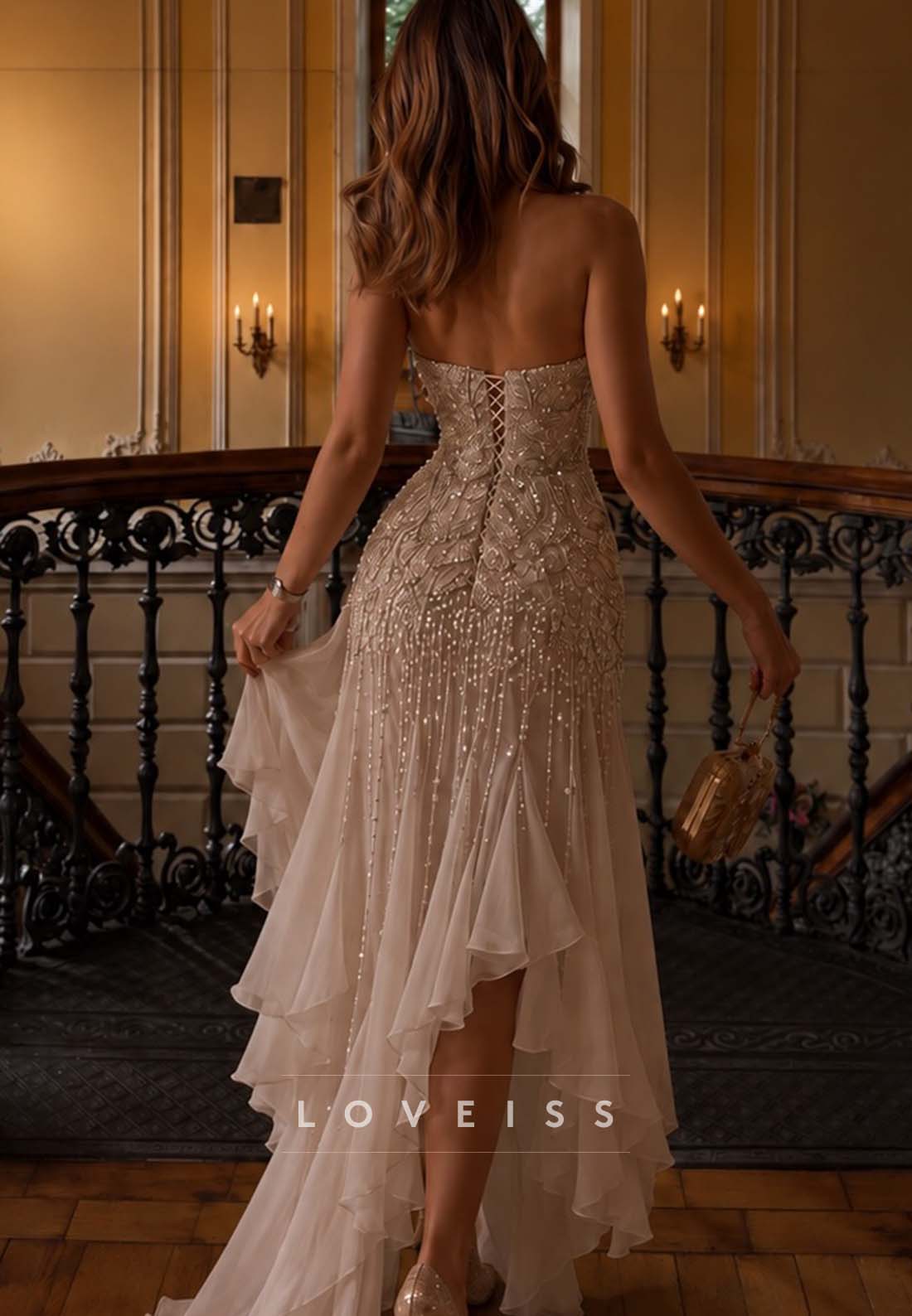 Strapless Beaded High-Low Gown with Ruffles