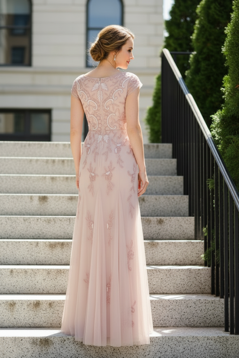 Beaded Cap Sleeve Trumpet Evening Gown