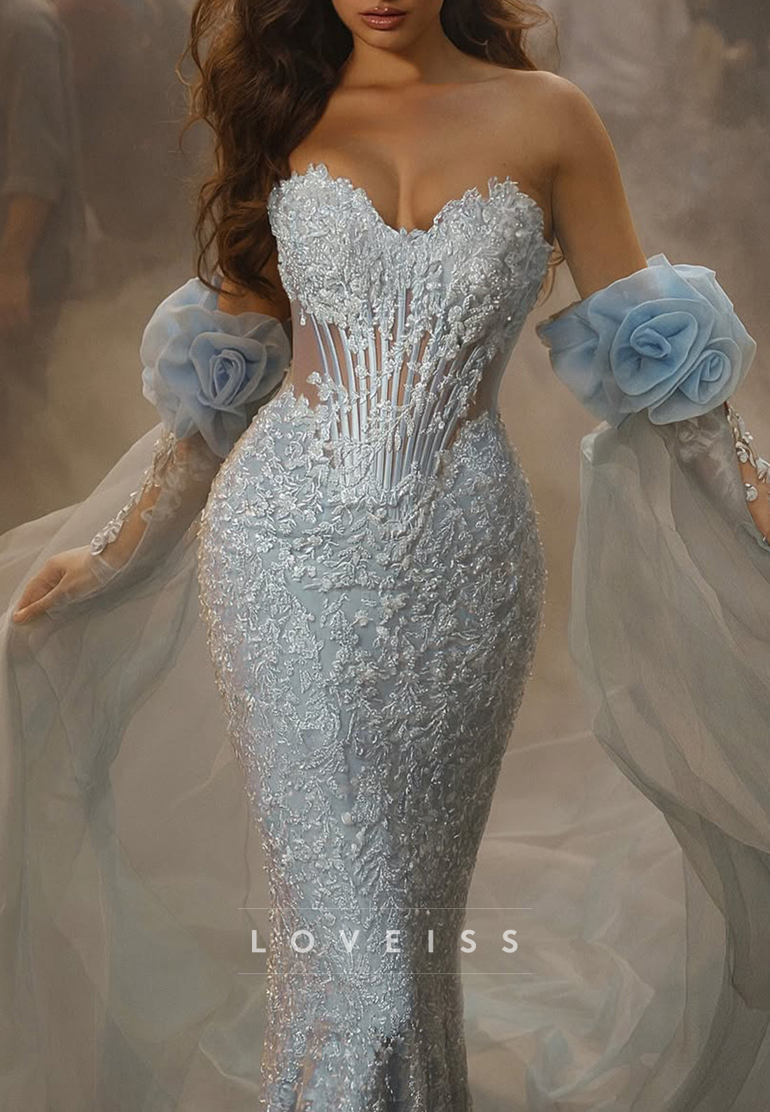 Embellished Corset Mermaid Gown with Floral Drapes
