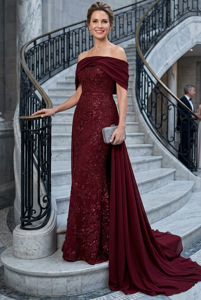 Off-the-Shoulder Floral Lace Gown with Overskirt