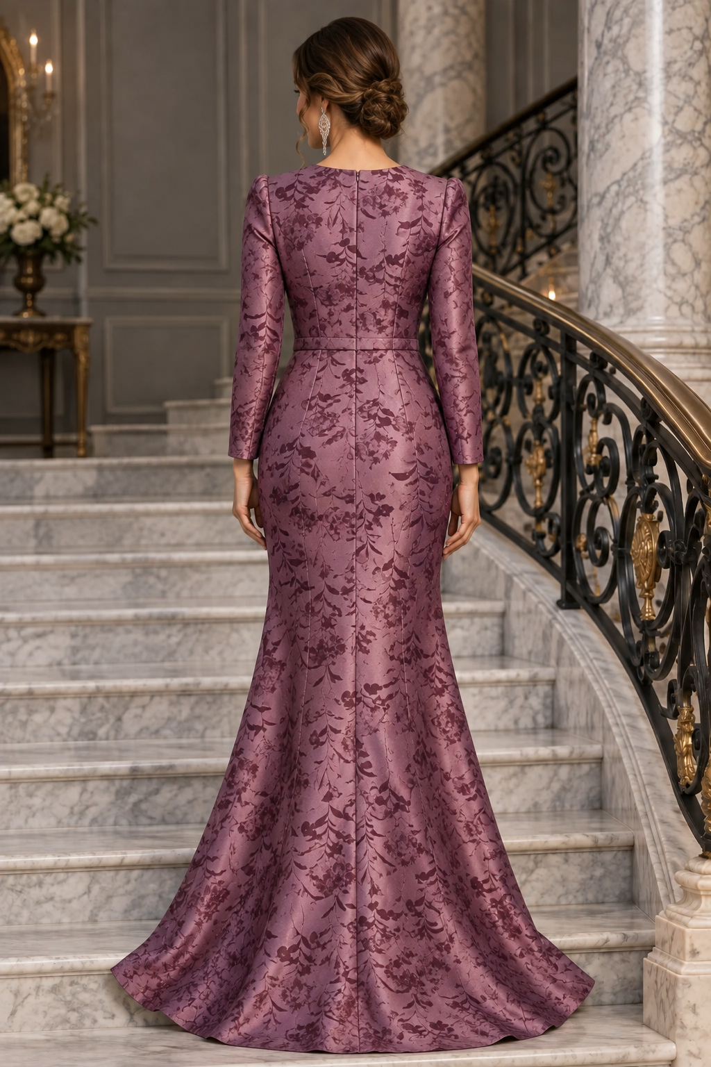 Floral Jacquard Long Sleeve Mermaid Evening Gown