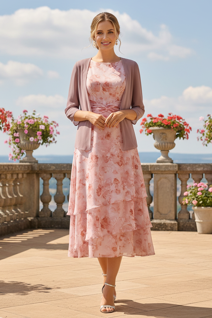 Floral Print Tiered Midi Dress and Jacket Set