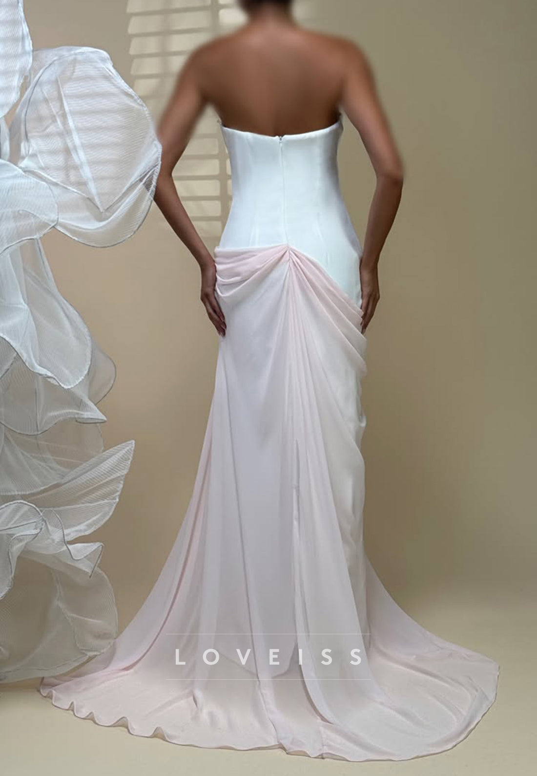 Strapless Floral Applique Gown with Draped Train
