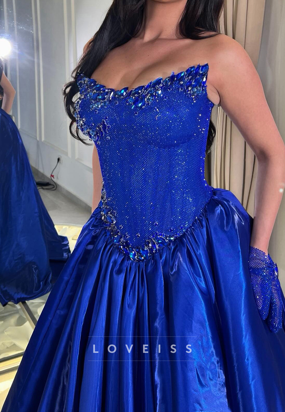 Beaded Strapless Ball Gown with Satin Skirt