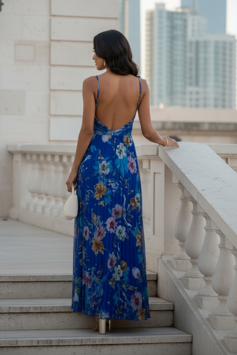 Pleated Floral Print Maxi Dress with Spaghetti Straps