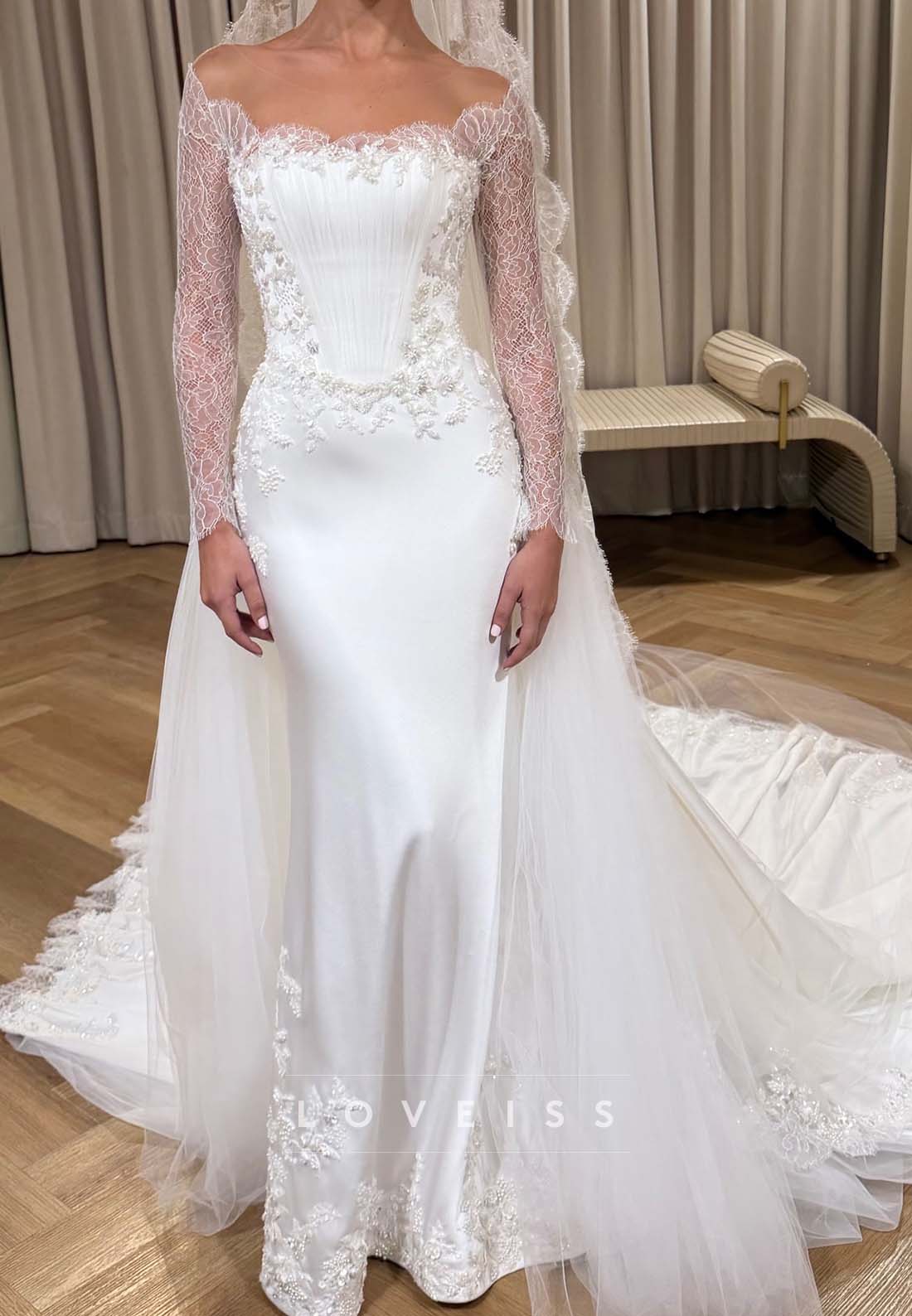 Off-the-Shoulder Lace Sleeve Corset Wedding Dress