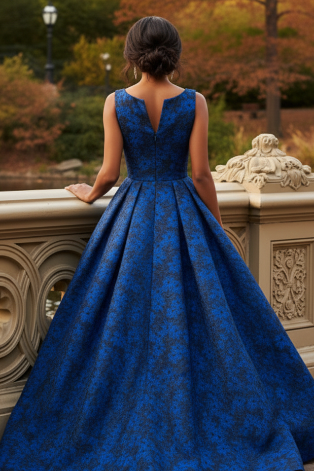 Floral Jacquard Sleeveless Pleated Ball Gown