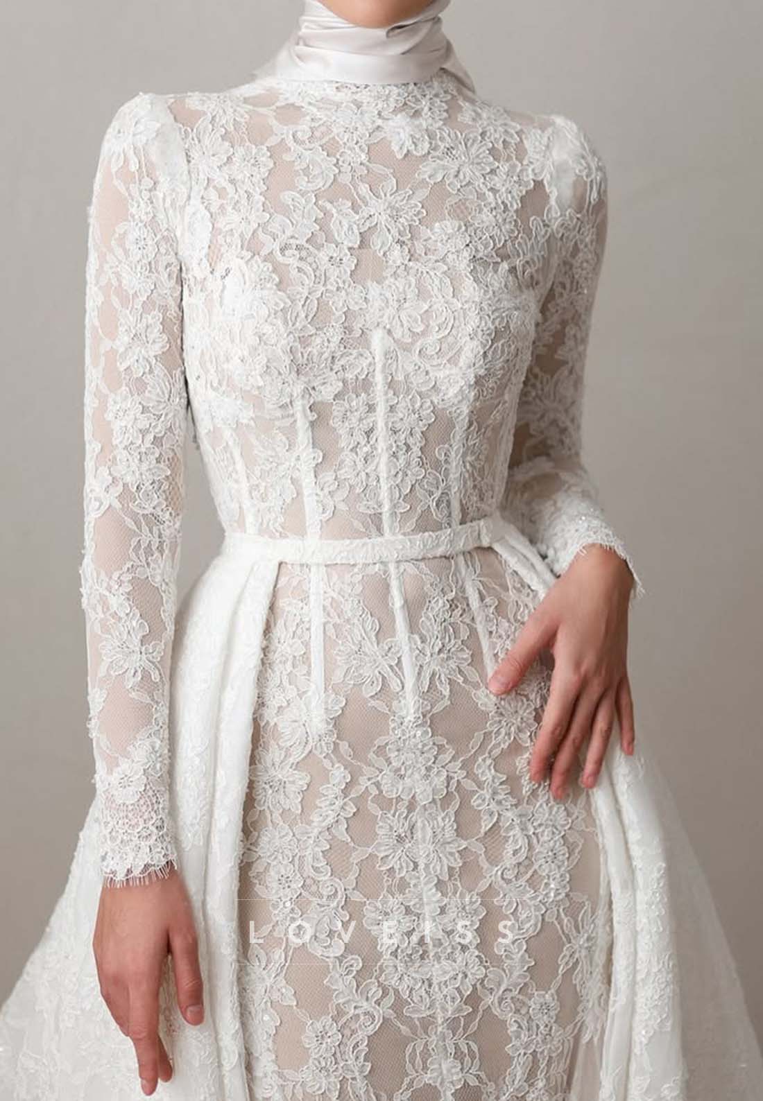 High Neck Lace Wedding Dress with Overskirt
