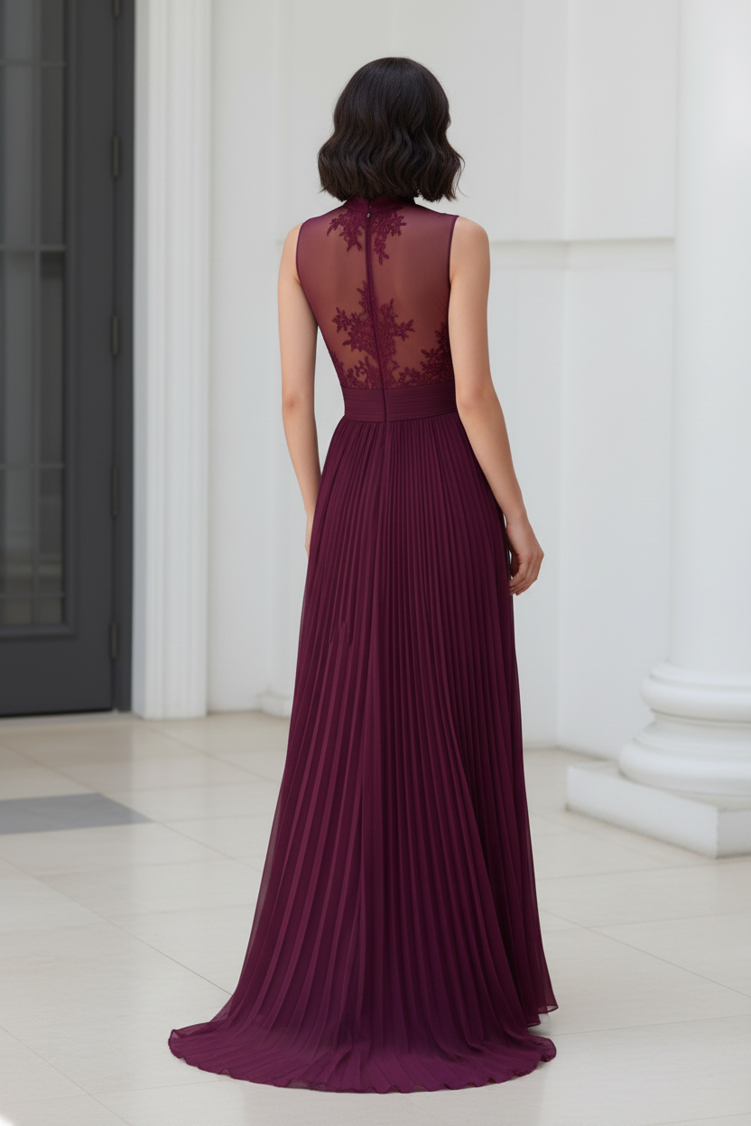Pleated Chiffon High Neck Evening Dress