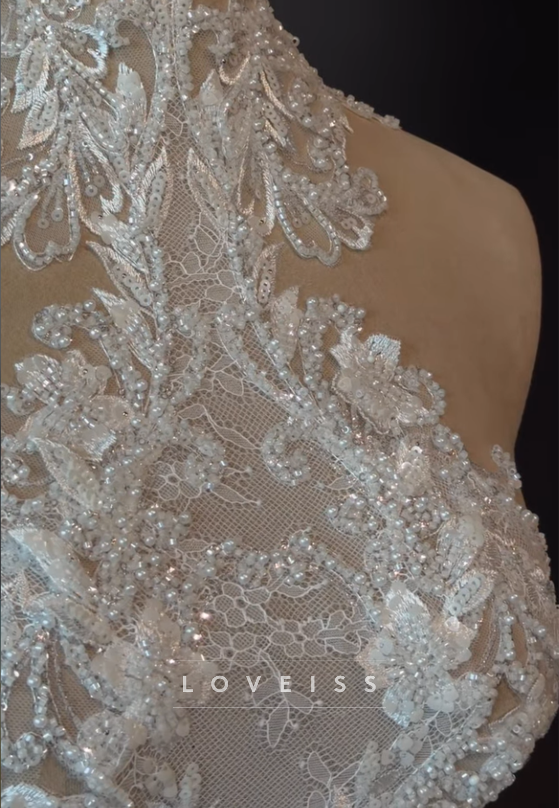 Beaded Lace Halter Neck Wedding Dress with Satin Skirt