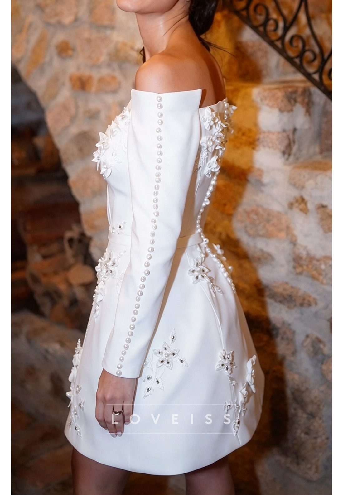 Off-the-Shoulder Floral Applique Mini Dress