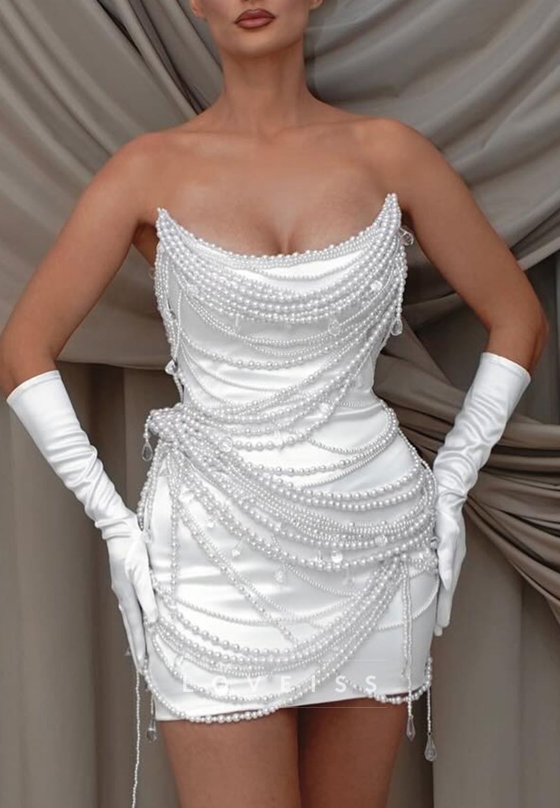 Strapless Pearl Beaded Draped Bodycon Mini Dress – Loveiss