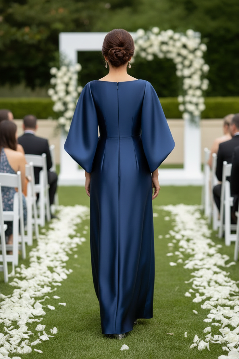 Bell Sleeve Satin Evening Gown with Crystal Brooch