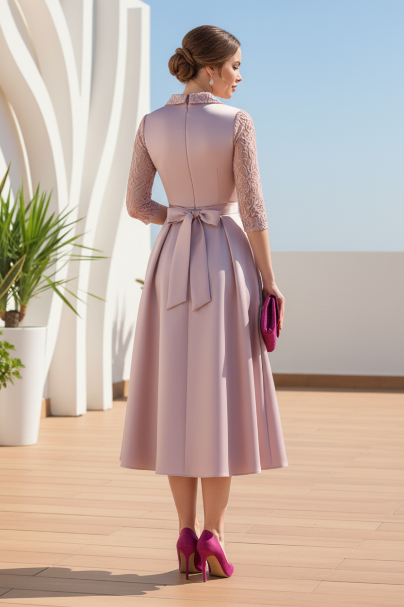 Tea-Length Satin Dress with Lace Sleeves