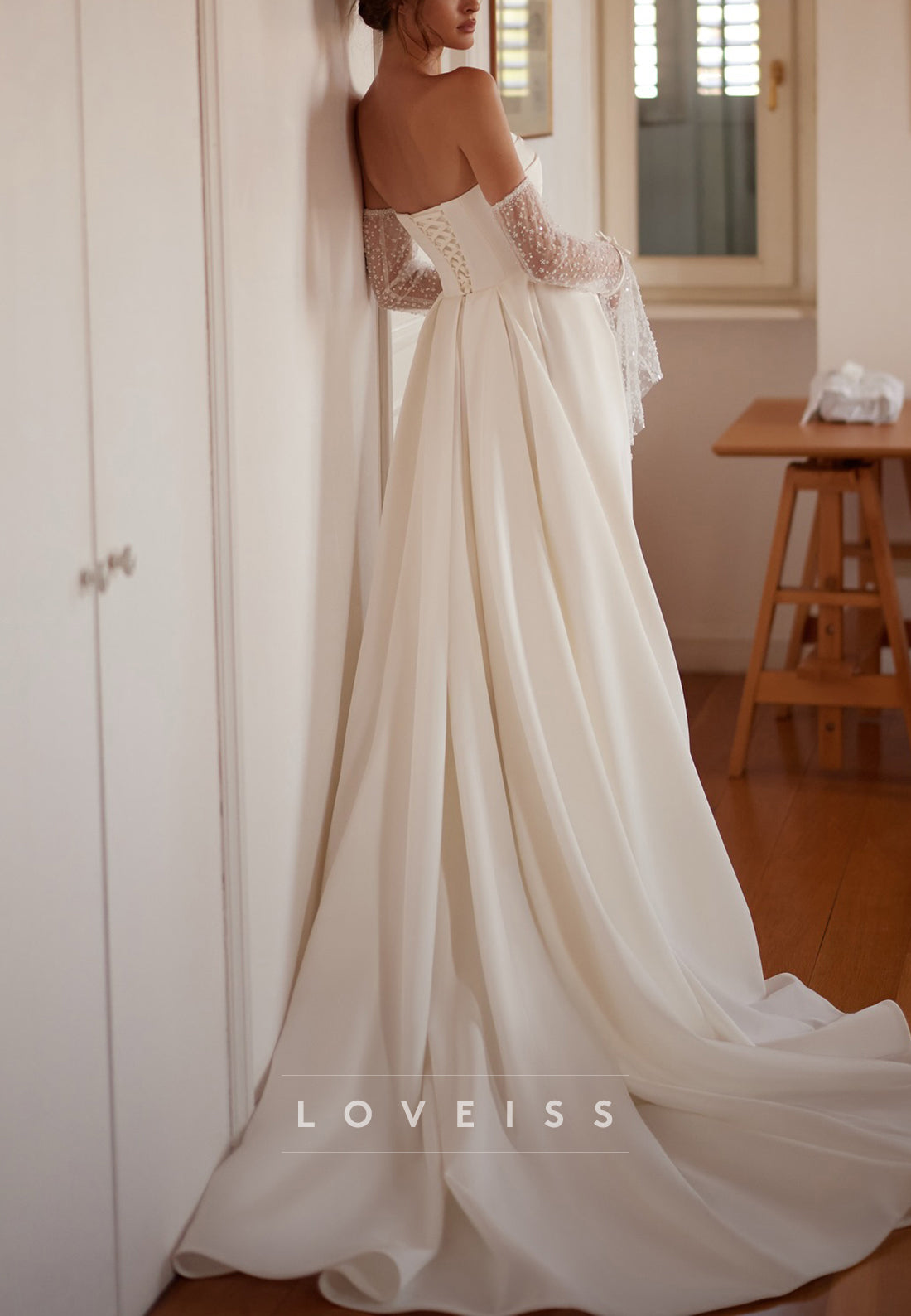 Strapless Satin A-Line Gown with Detachable Sleeves