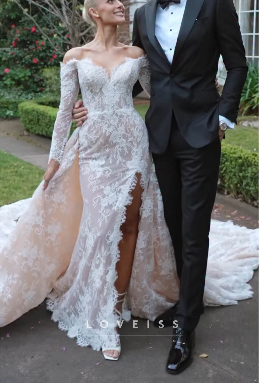 Off-the-Shoulder Lace Wedding Dress with Slit