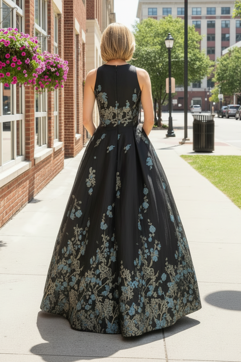 Floral Jacquard Sleeveless A-Line Gown with Pockets