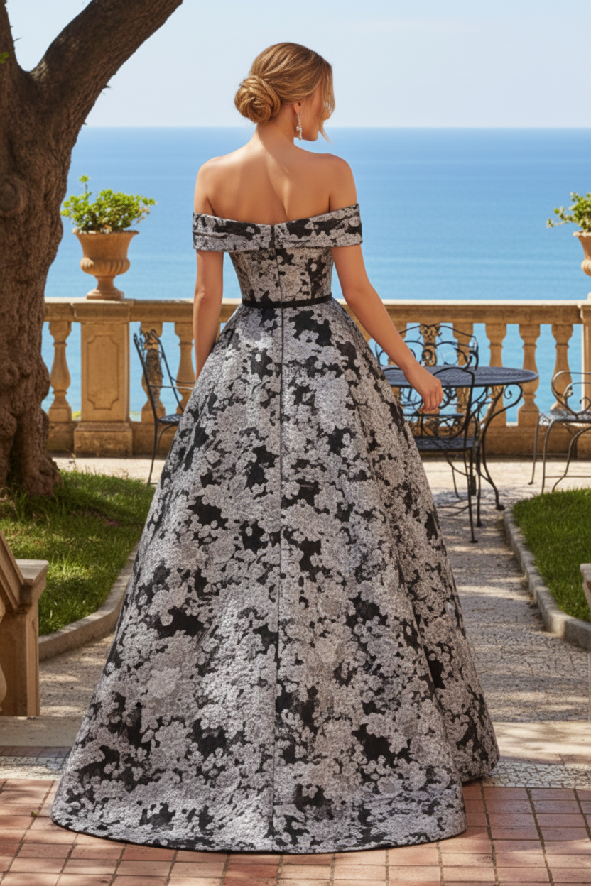 Off-the-Shoulder Jacquard A-Line Evening Gown